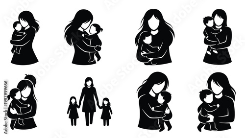 Mother holding baby silhouette collection representing motherhood and parenting bonds on white background.