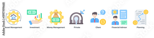 Wealth Management banner with asset management,investment,money management,private,client,financial advisor and planning icons for finance concept