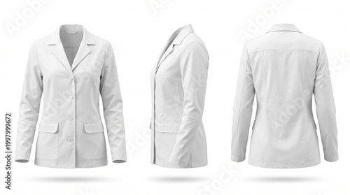 A clean white lab coat displayed from the front, side, and back views on a white background.