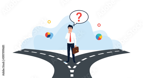 Confused businessman standing at crossroads with question mark bubble contemplating career path or financial decision between two roads.