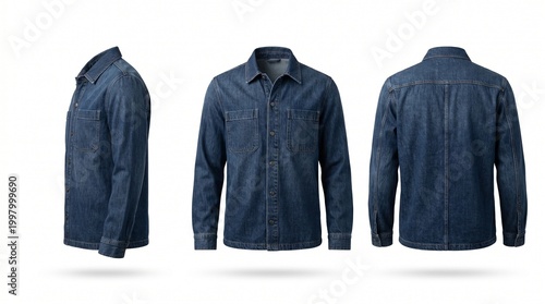 Three views of a classic blue denim shirt, front, side, and back, isolated on white background.