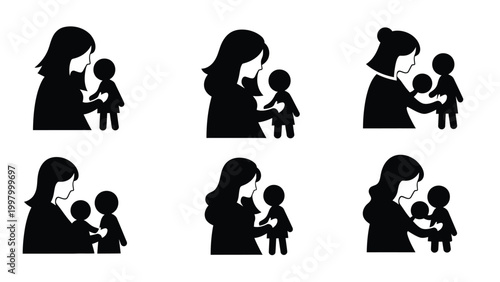 Black silhouette collection of mothers interacting with children and babies.