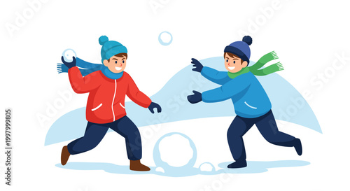 Two happy boys wearing winter clothes and scarves playing in snow and having fun snowball fight during cold winter day outdoors.