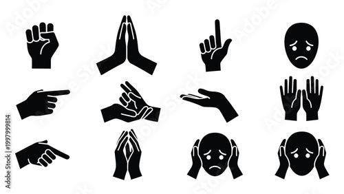 Set of black silhouette hand and face icons expressing emotions and communication.