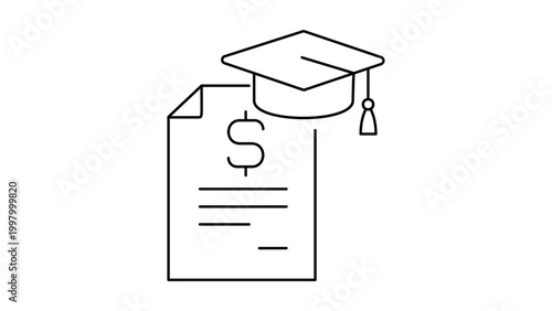 Student Loan and Tuition Fee Minimalist Black Line Vector Icon with Editable Stroke; Featuring a Graduation Cap and Financial Document with Dollar Sign for Education Cost and Scholarship Concepts