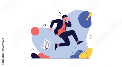 Stressed businessman character jumping in panic with flying papers representing work pressure or urgent deadline in creative abstract style.