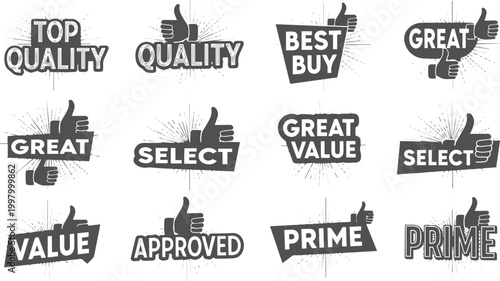 Collection of black and white sale and approval badges