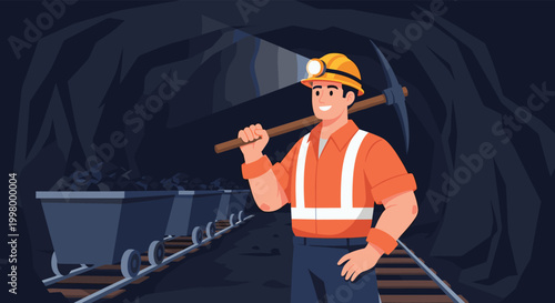 Smiling coal miner in orange safety vest and hard hat with flashlight holding pickaxe inside dark underground tunnel with mining carts.