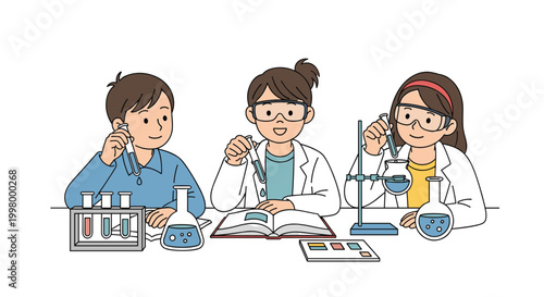 Diverse school children wearing goggles and lab coats conducting chemistry experiments with test tubes and flasks in science classroom.