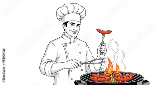 Smiling professional chef in white uniform and hat grilling delicious red sausages on hot flaming charcoal barbecue grill.