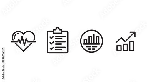 Corporate Checklist and Statistics Icons for Healthcare Management and Financial Progress
