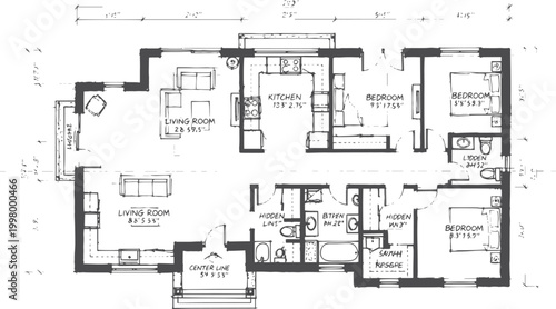 Hand-drawn floor plan of a house with rooms and dimensions
