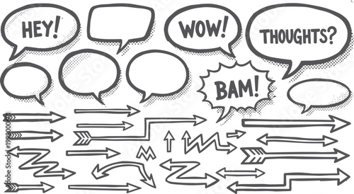 Hand drawn speech bubbles and arrows doodle collection