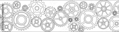 Interlocking gears, black and white line