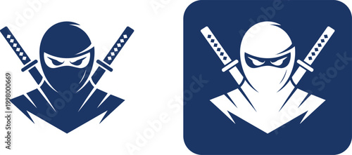 Blue and white ninja warrior with crossed swords katana