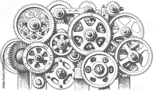 Intricate engraved gears and cogs mechanism