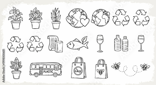 Hand drawn eco friendly icon set, black and white doodle environment symbols, 20 sustainable lifestyle vector elements for green branding