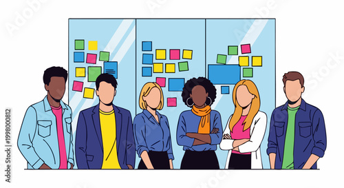 Diverse business team standing in office, professional creative group brainstorming with sticky notes, multicultural coworkers in modern workspace vector