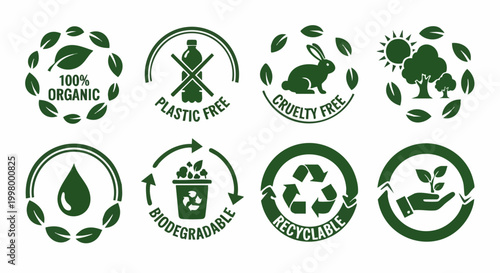 Eco friendly product labels and organic certification badges, green sustainability icons set, recyclable and biodegradable packaging vector symbols
