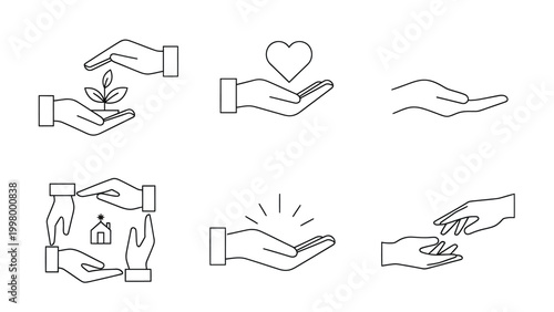 Set of line art icons representing care support and protection.