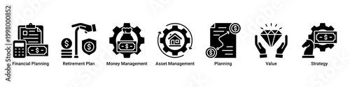 Financial Plan banner with financial planning,retirement plan,money management,asset management,planning,value and strategy icons for business and finance concept