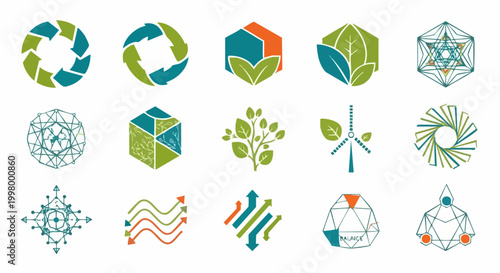 Eco-friendly sustainability icons set, 15 green energy and recycling vector symbols, renewable nature and ecology branding elements for corporate identity
