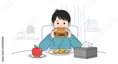 Young boy enjoying a large hamburger with crispy potato wedges and a fresh red apple at a table inside a cozy residential room.
