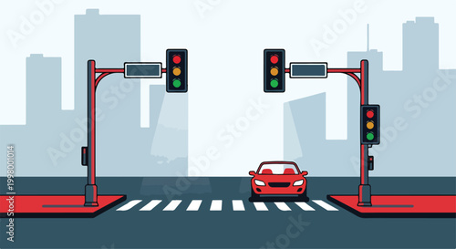 A red car approaches a crosswalk at an urban intersection