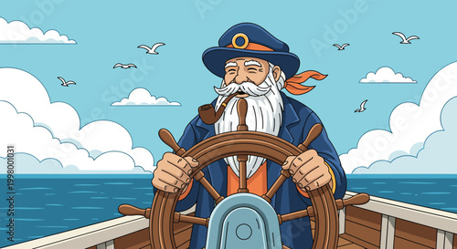 Jolly ship captain with a long white beard and pipe steering a wooden wheel on a boat deck under a sunny sky with flying seagulls.