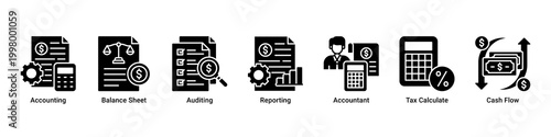 Accounting System banner with accounting,balance sheet,auditing,reporting,tax calculation and cash flow icons for corporate finance concept