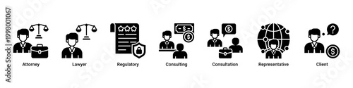 Legal Advisory banner with attorney,lawyer,regulatory,consulting,consultation,representative and client icons for legal service concept