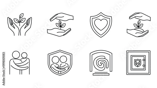 Protecting hands plant sprout shield heart symbol security safety care growth nurture trust protection insurance.