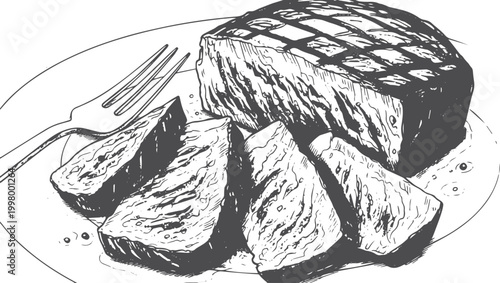 Sliced roast beef with grill marks and fork