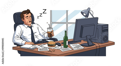 Exhausted businessman sleeping at his office desk filled with disorganized paperwork, a burger, a computer, and a green bottle.