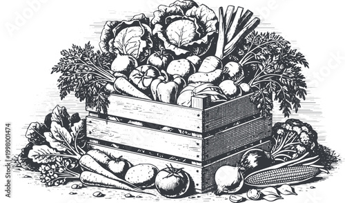 Wooden crate overflowing with fresh vegetables