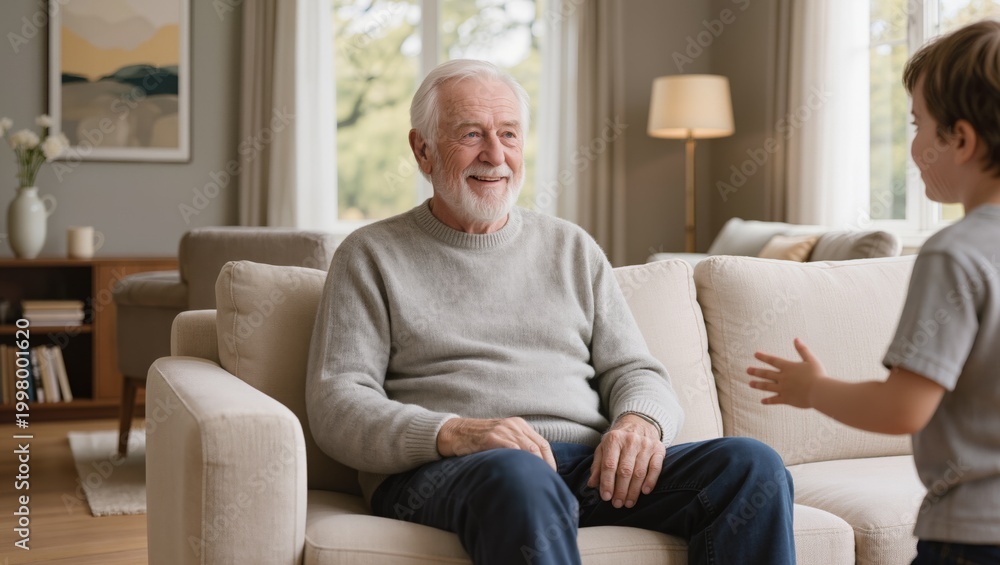 Obraz premium Smiling senior man talking with child at home