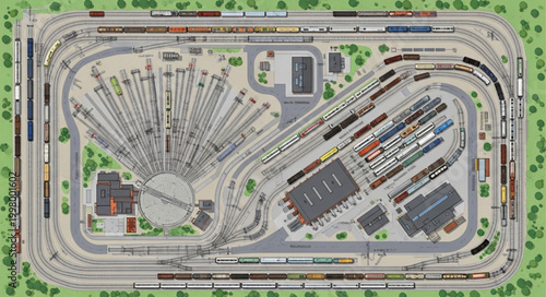 Model Train Layout with Many Tracks and Trains.