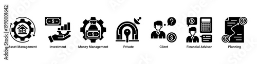 Wealth Management banner with asset management,investment,money management,private,client,financial advisor and planning icons for finance concept
