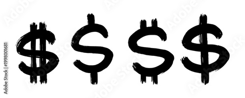 A collection of four dollar signs with a consistent rough grunge aesthetic. Perfect for urban designs needing a variety of distressed money icons in a street art hand style.
