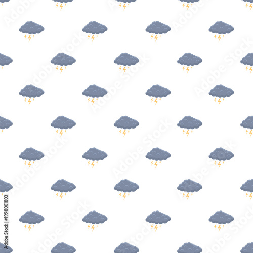 Seamless pattern featuring dark storm clouds and yellow lightning bolts on white background