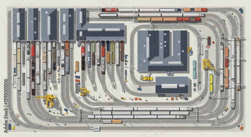 Model Train Layout with Multiple Tracks and Buildings.