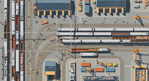Aerial view of a busy train station with multiple tracks and trains.