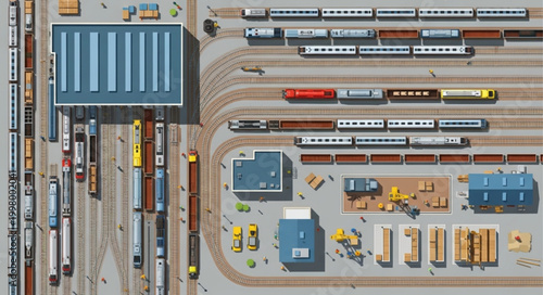 Aerial View of a Busy Train Yard with Multiple Tracks and Buildings.