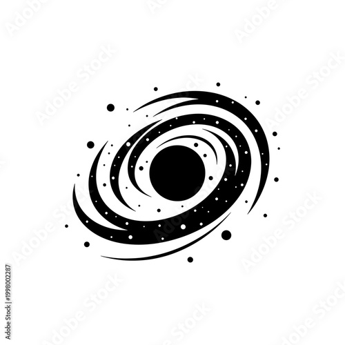 A swirling black void with scattered dots evokes a galactic spiral formation a dramatic silhouette