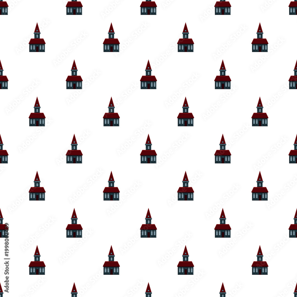 Fototapeta premium Repeating pattern showing tiny cartoon churches or houses with red roofs and steeples
