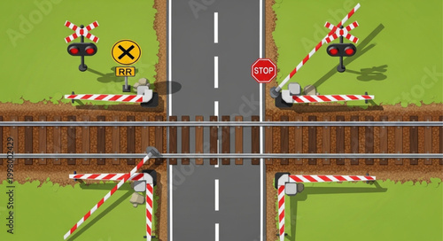 Railroad Crossing with Barriers and Signals on a Road.