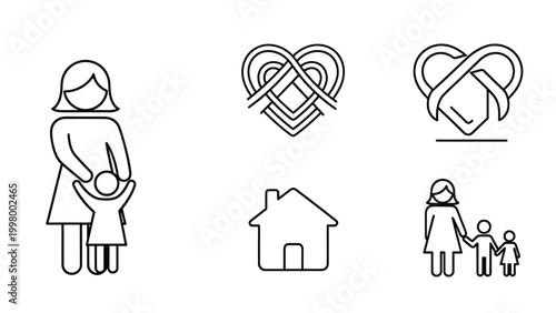 Set of outline family and home icons for social services.