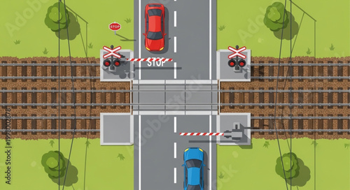 Aerial View of a Railway Crossing with Cars Waiting.