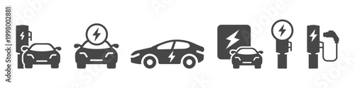 Electric Vehicle Car icon set. It includes EV car, charging station, ev charger and people.