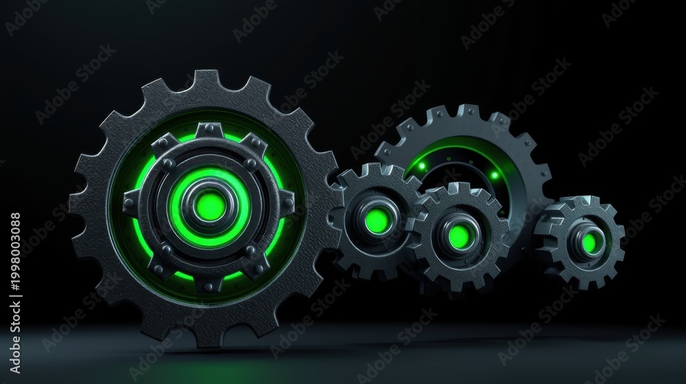 Naklejka premium Gears, metallic texture, glowing green centers. Complex machinery, interconnected systems, dark background, futuristic design.
